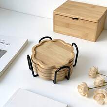 6 Coasters + 1 Holder, Bamboo Coaster Set, Minimalist Creative Design, Suitable For Coffee And Tea Cups, Rounded Edges, Natural Wood Color, Can Be Used As Kitchen And Dining Table Decor, Exquisite Desktop Decoration. - Multicolor - View 8