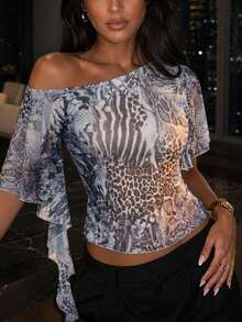 Women's Black Luxury Animal Print Asymmetric One Shoulder Ruffle Sleeve Blouse, Suitable For Summer And Autumn, Perfect For Night Out, Holidays, World Cup, Midsummer Party - Black - View 1