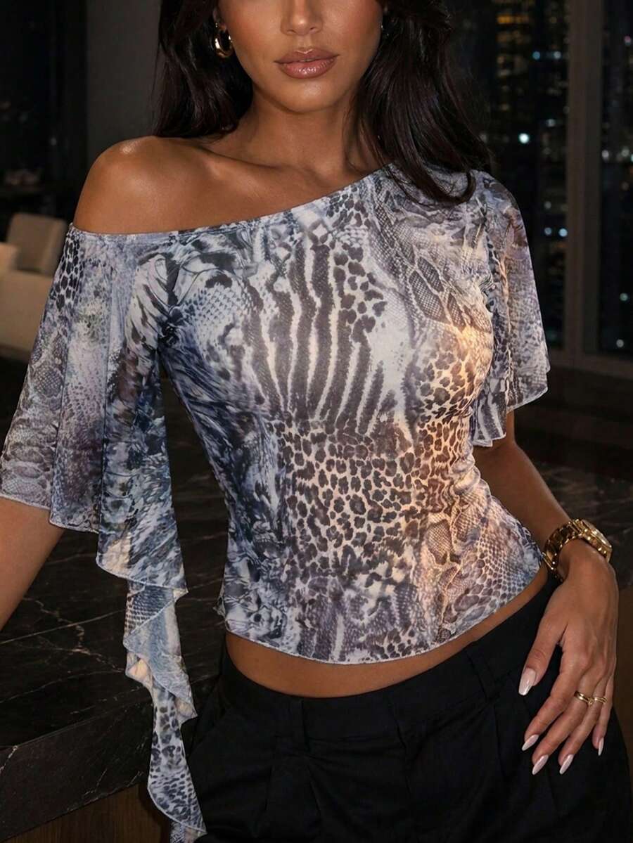 Women's Black Luxury Animal Print Asymmetric One Shoulder Ruffle Sleeve Blouse, Suitable For Summer And Autumn, Perfect For Night Out, Holidays, World Cup, Midsummer Party - Black - View 1