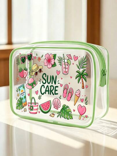 New Sun Protection Theme Printed PVC Waterproof Toiletry Bag, PVC Beach Bag - Fresh Hand-Drawn "Sun & Sunscreen" Pattern Design, Summer Sun Protection Care Product Storage Gift. Zipper Closure PVC Travel Storage Bag - Lightweight And Fade-Resistant Unisex Cosmetic Toiletry Bag, Easy To Clean Surface. Suitable As A Gift For Mothers, Teachers, Friends, Nurses; Also An Essential Toiletry Storage Bag For Students' Holidays, Back To School Season And Daily Travel.