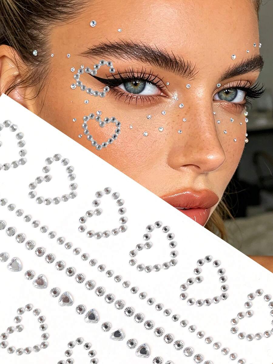 Silver Heart-Shaped Round 3D Glitter Face Gems, Y2K Self-Adhesive Rhinestones, DIY Concert Disco Party Shiny Face Decoration - Silver - View 1