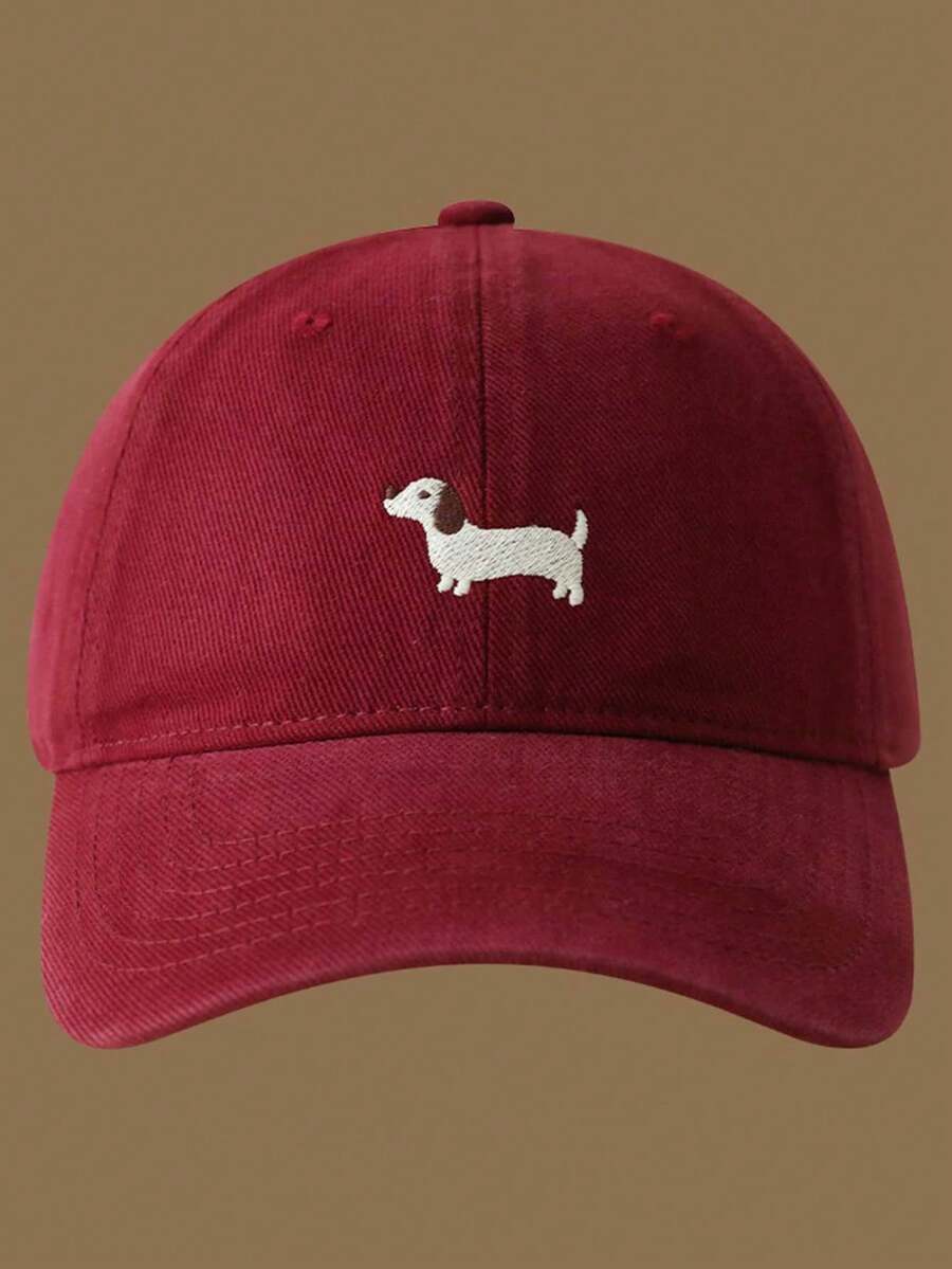 1 Piece Casual Baseball Cap With Dog Embroidery, Adjustable Brim, Suitable For All Seasons - 波爾多 - 查看 1