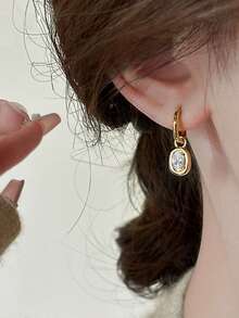 1 Pair Elegant Minimalist Geometric Design Cubic Zirconia Inlaid Shiny Luxury Earrings For Women Daily Commute And Casual Wear - Yellow Gold - View 4