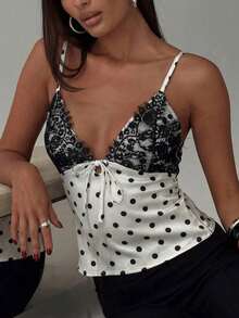 Women's Satin And Lace Top, Polka Dot Print Satin And Lace Blouse, Suitable For A Night Out, Beach Vacation, Casual Summer In White - 杏色 - 查看 1
