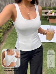 1 buah Atasan Wanita Ukuran Plus Kasual Nyaman Leher Bulat Bergaris Pas Badan, Atasan Tanpa Lengan dengan Cup Bra Terintegrasi Warna Putih Musim Panas - Putih - View 8