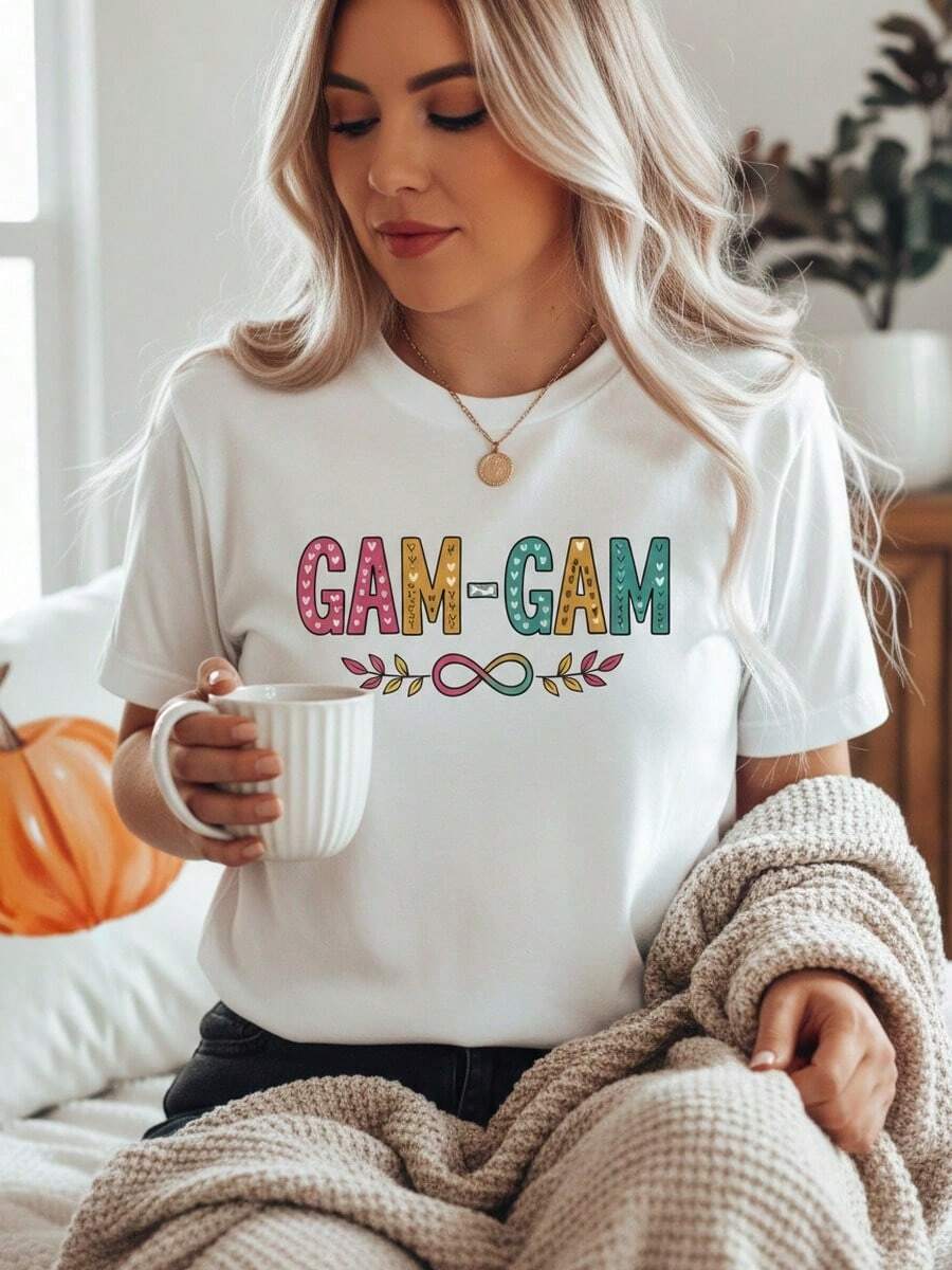 Soft Cotton Summer T-Shirt With Floral Print, 100% Cotton, Short Sleeve, Round Neck, Gift For Mother's Day, For Grandmother, Women, T-Shirt To Announce The New - 白色 2 - 查看 1