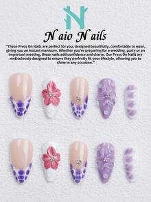 NAIO 10 Buah/Set Kuku Tempel Buatan Tangan, 3 Ukuran: Bentuk Peti Mati/Almond/Persegi Pendek, Gaya Manis Y2K, Kuku Gradien Ungu dengan Desain Cetak Bunga & Kulit Ular 3D, Aksen Rhinestone, Sempurna untuk Wanita & Anak Perempuan, Penggunaan Sehari-hari & Pesta, Hadiah Luar Biasa untuk Para Wanita - MultiWarna - View 17