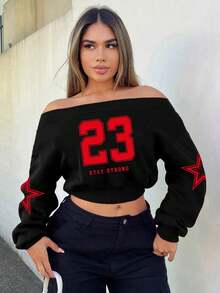 Jersey corto informal de hombros descubiertos con estampado de estrella de cinco puntas, de manga larga - Negro 2 - Ver 2