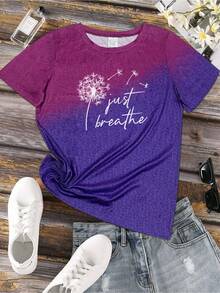 Dandelion Print T-Shirt With The Phrase "Just Breathe", Casual Short Sleeve Top With Round Neck, Women's Clothing - 淡紫色 - 查看 2