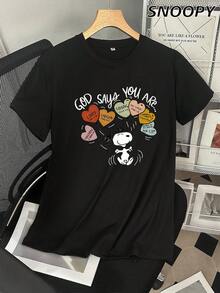 Fashion Casual Cute Letter Snoopy GOD SAYA YOU ARE Pilling Print T-Shirt - Black - View 1