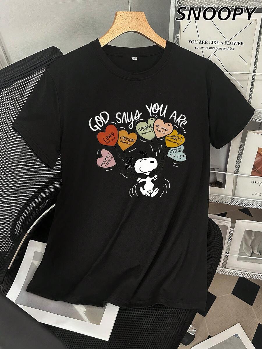 Fashion Casual Cute Letter Snoopy GOD SAYA YOU ARE Pilling Print T-Shirt - Black - View 1