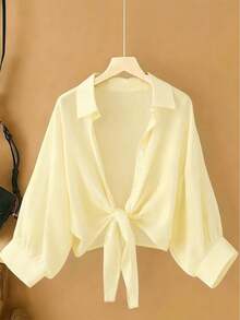 New Women's Casual Solid Color Chiffon Blouse With Short Batwing Sleeves - 黃色 - 查看 1