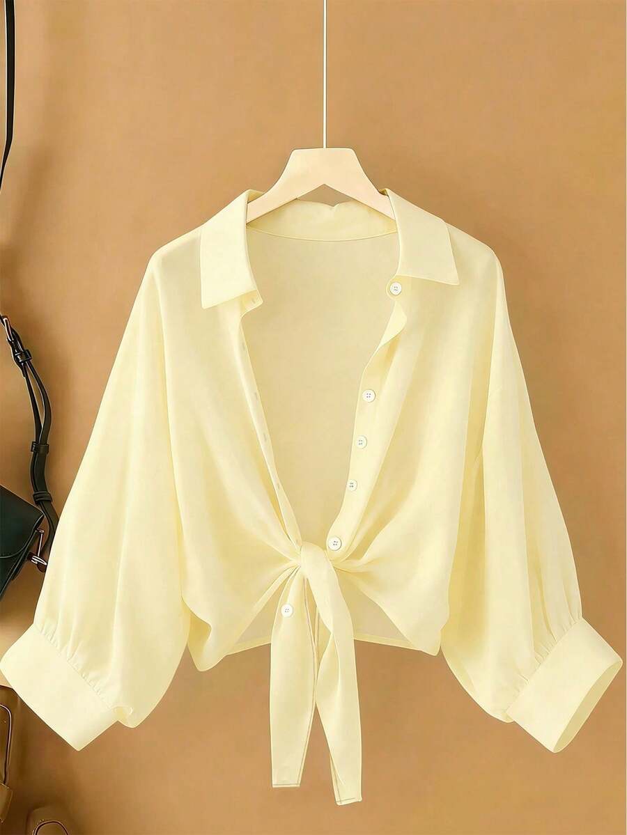 New Women's Casual Solid Color Chiffon Blouse With Short Batwing Sleeves - 黃色 - 查看 1