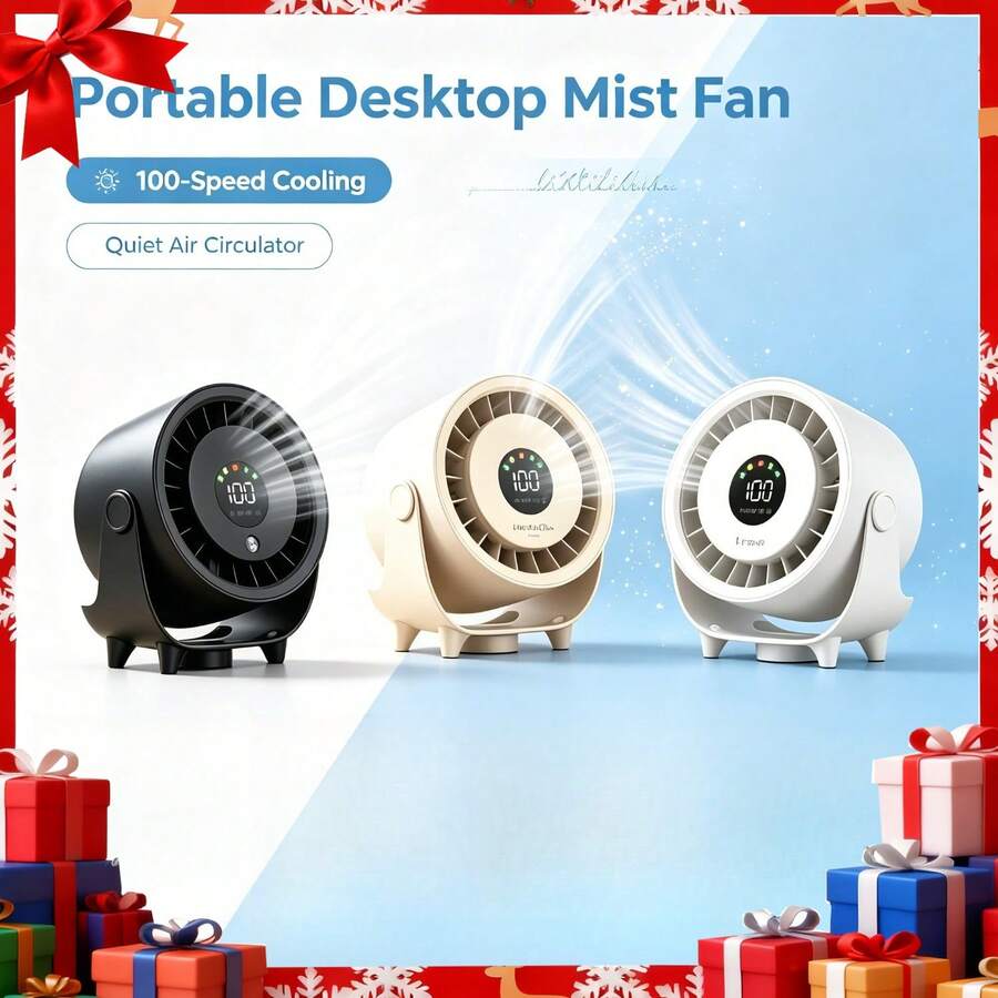 Portable Desktop Mist Fan, 100-speed adjustable cooling fan, quiet wall-mounted air circulator, suitable for indoor and outdoor use - Schwarz - Übersicht 1