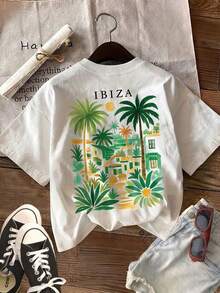 Unisex-T-Shirt für Frühling/Sommer mit doppelseitigem Druck, frischer Stil, Palme, Haus, Pflanze, Ibiza-Druck, modisch, vielseitig, lässig, Rundhalsausschnitt, kurze Ärmel, T-Shirt Pur2026 - Weiß - Übersicht 1