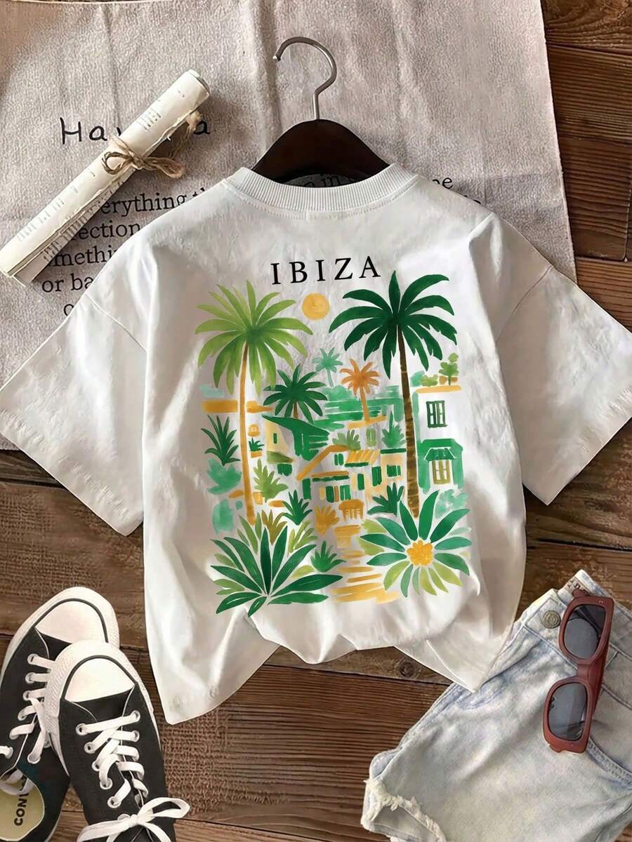 Unisex-T-Shirt für Frühling/Sommer mit doppelseitigem Druck, frischer Stil, Palme, Haus, Pflanze, Ibiza-Druck, modisch, vielseitig, lässig, Rundhalsausschnitt, kurze Ärmel, T-Shirt Pur2026 - Weiß - Übersicht 1