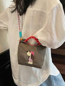 Ins療癒系卡通小狗刺繡小包，輕量可水洗布料，多色可選，女款通勤旅行便攜斜挎包，附可拆卸肩帶手提包 - 彩色 - 查看 7