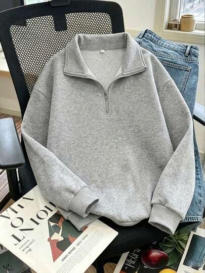 Sweat-shirt-shirt à col montant zippé pour femme, doublure thermique, gris à fleurs, style minimaliste américain, décontracté pour le quotidien, polyvalent, automne/hiver