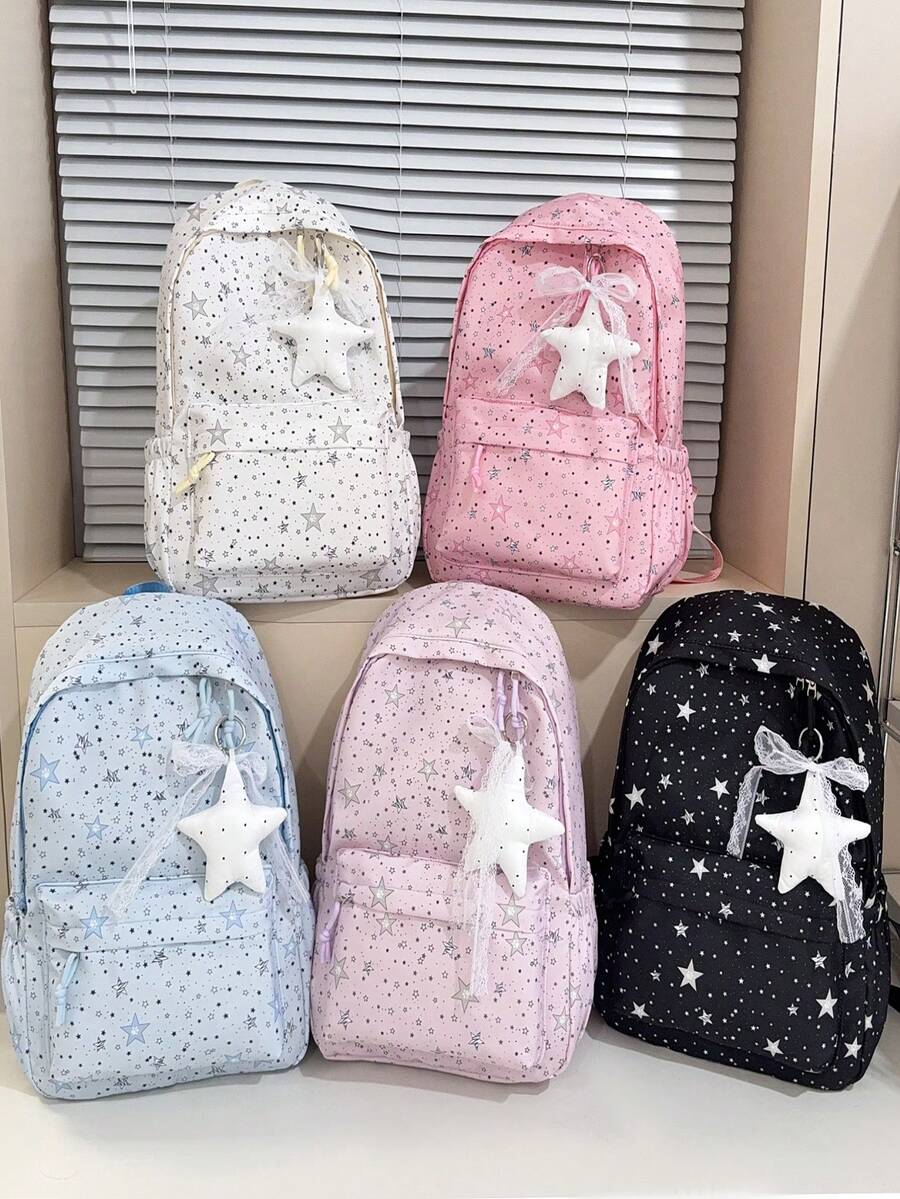 1 pieza Mochila con patrón de estrellas para niñas, mochila de nailon para adolescentes con cierre de cremallera, gran capacidad, sin colgante - A - Ver 1