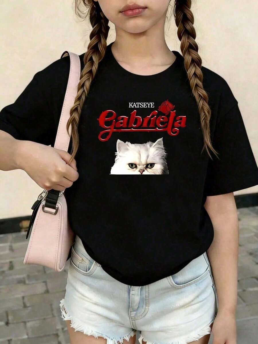 KATSEYE Printed Summer T-Shirts, Vintage Y2K Hip Hop Style, Short Sleeve T-Shirt, Summer Clothes For Girls, Toddler Girls' Clothes, Teen Clothes, Kids' Clothes - 淡紫色 - 查看 1