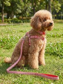 Red Plaid Polyester Collar, Harness And Leash 3 Pieces Set, Suitable For Small Poodles And Bichons For Year-Round Outdoor Play (Not Suitable For Large Dog Breeds) - Red - View 3