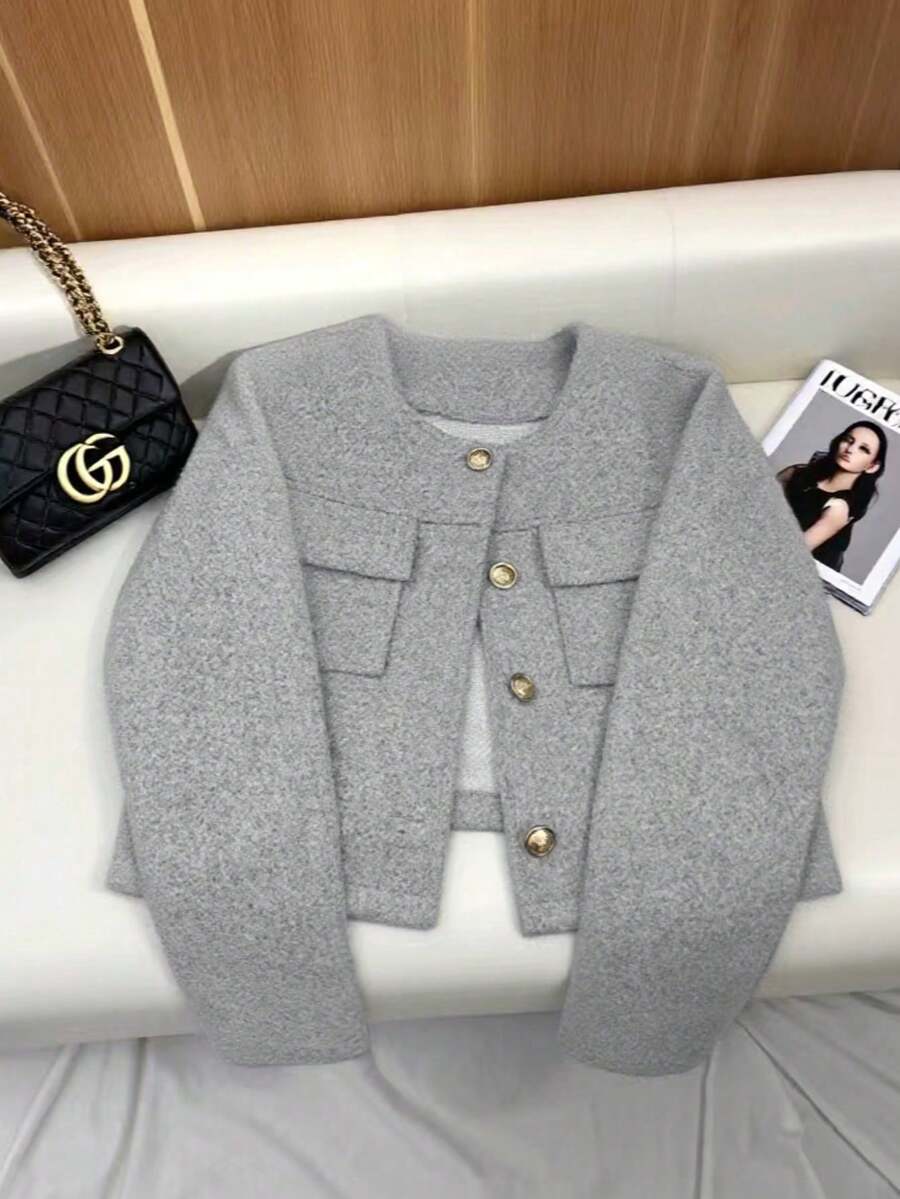 Chaqueta elegante y casual con diseño de dragón y fénix para mujer, abrigo de manga larga de cuello redondo y unicolor, minimalista y de moda para otoño/invierno - Gris - Ver 1