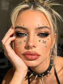 Gold Butterfly Heart Star 3D Large & Small Round Glitter Face Gems Y2K Self-Adhesive Rhinestones, DIY Concert Disco Party Shiny Face Decor - Gold - View 2