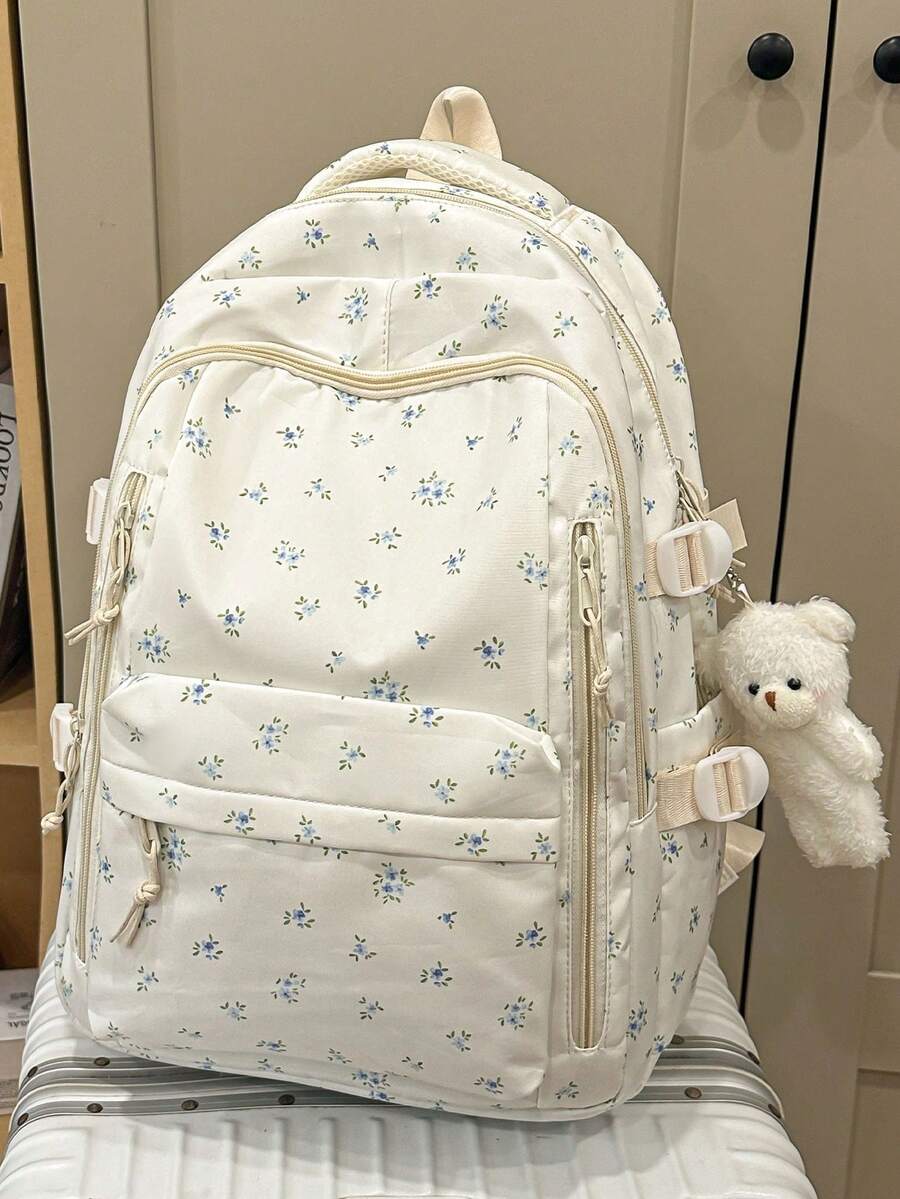 新款青少年女孩後背包 時尚花卉款 多功能大容量學生包 可愛大學校園書包 - 藍花 - 查看 1