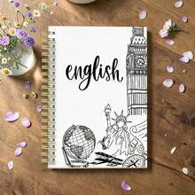 DANPERJI 1PC A5 Spiral Paper Notebook, Minimalist Line Art Big Ben Statue Liberty Globe Print English Subject Journal, White Clean Language Learning Diary, Back To School Supplies, Language Study Gift For English Learners - Multicolor - View 4