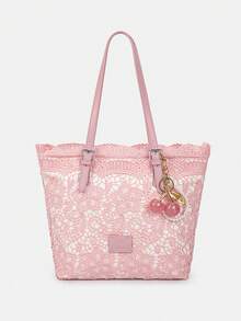 Literarische Tragetasche mit Spitzen-Nischendesign und Schleife, modische und einfache lässige Handtasche, geeignet für Urlaub, Strand, Pendeln, tägliche Kombination, Fotos und Geschenke - Pink - Übersicht 2