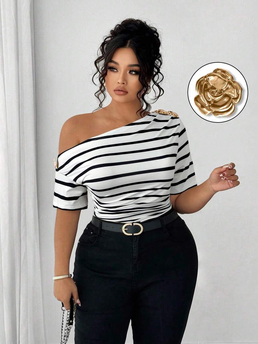 BSO Elegant And Versatile Off-The-Shoulder Blouse For Plus-Size Women - Black and White - View 1