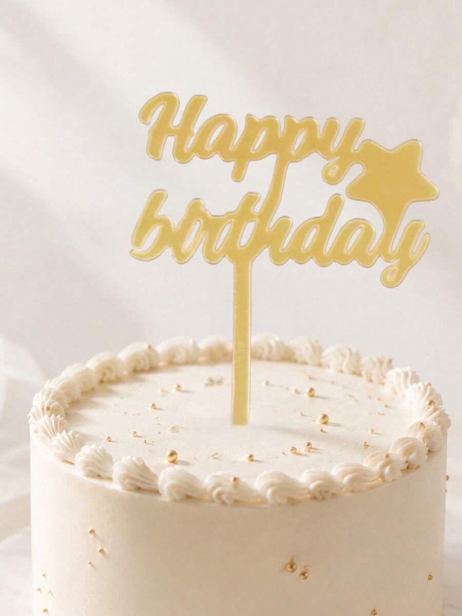 3件組金色鏡面壓克力生日蛋糕插牌,附星星裝飾,優雅草寫字母插棒,亮面閃耀裝飾,適用所有年齡生日派對與特殊場合 - D - 查看 1