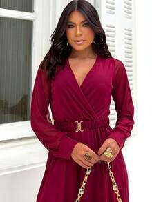 Women's Long Sleeve Jumpsuit, Semi-Transparent, Lined, Lightweight, V-Neck, Comfortable, Fresh, Casual, Elegant, Sizes M And L, Printed And Solid - 酒紅色 - 查看 4