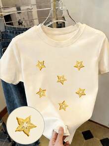 Playera Y2K casual verano mujerCamiseta casual para mujer, exquisita camiseta con estampado en forma de estrella - estilo Y2k, delicada, ideal para regalo, top casual de cuello redondo - tra - Negro - Ver 8