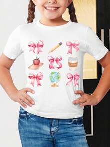Camiseta de Niño Niña con Estampado de Lazos Rosas Manzana Libro Lápiz Globo Terraqueo y Vaso de Café Estilo Colegial y Coqueto para Ropa de - Blanco - Ver 1