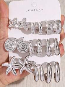 3/9 Pairs Large C-Shape/Starfish/Shell Shaped Silver-Plated Women's Earrings Set, Suitable For Beach Vacation And Daily Wear - Silver Gray - View 1