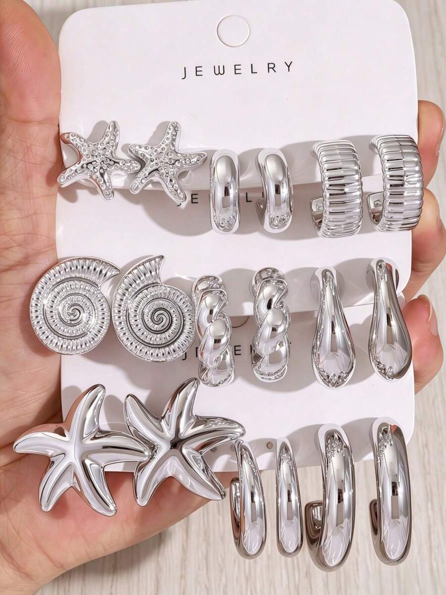 3/9 Pairs Large C-Shape/Starfish/Shell Shaped Silver-Plated Women's Earrings Set, Suitable For Beach Vacation And Daily Wear - Silver Gray - View 1