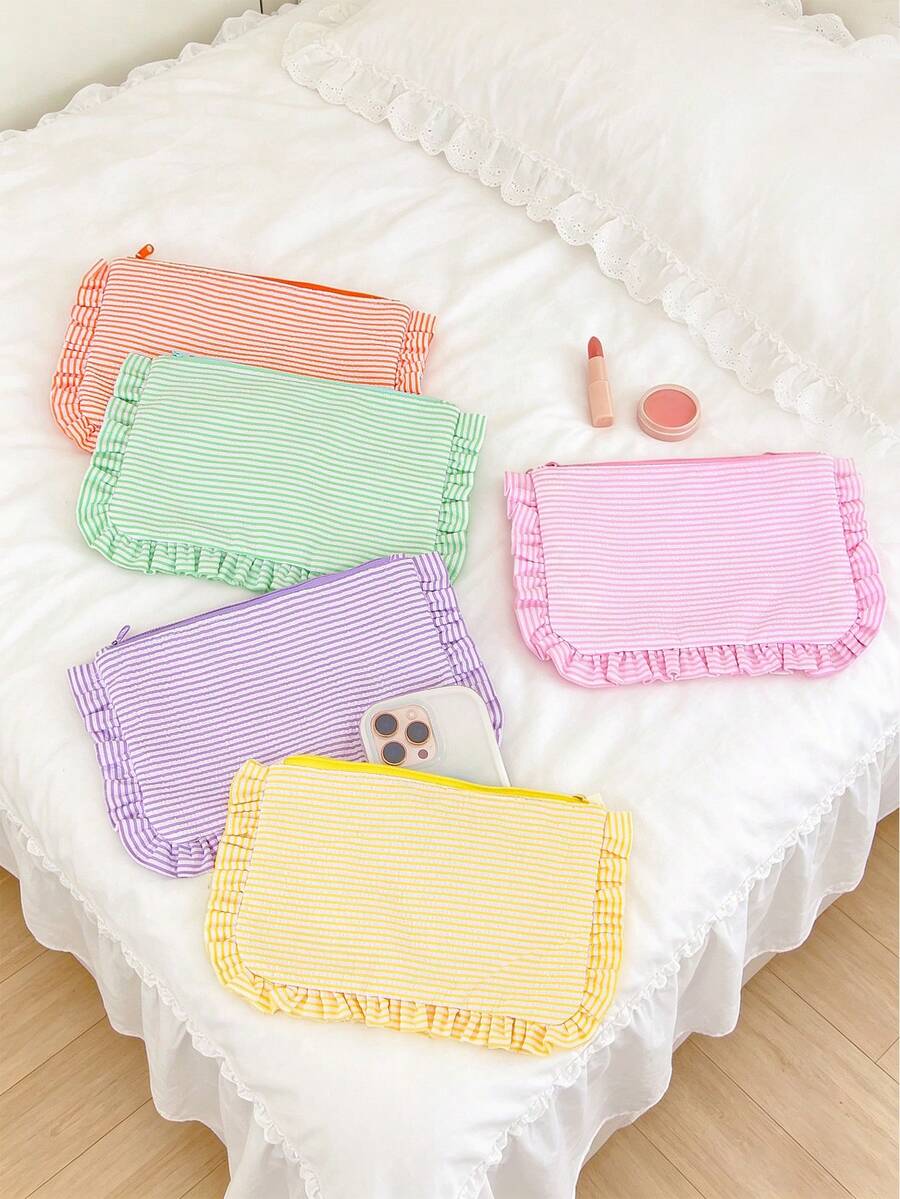 Korean Ins Cosmetics Bag Seersucker Striped Makeup Bag Ruffle Decor Make Up Bag Multi Color Zipper Cosmetic Storage Pouch Portable Travel Wash Bag - Multicolor - View 1