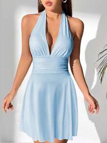Minivestido tirantes cuello V fruncido espalda descubierta ajustado, bestseller europeo-americano - rosa claro - Ver 10