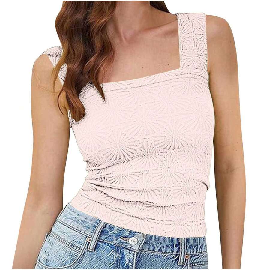 Women's Sleeveless Square Neck Jacquard Elastic Top Summer 2026 European-American - 杏色 - 查看 1