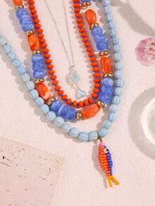 4-1pc Beach Vacation Style Elegant Casual Shiny Versatile Unique Personalized Exquisite Small Fish Rice Bead Resin Ceramic Beaded Necklace Set For Women Daily Wear Holiday Party Jewelry - Multicolor - View 4