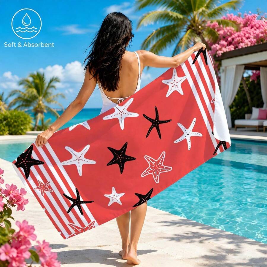 1pc Striped Turtle & Starfish Microfiber Beach Towel, Multiple Sizes Beach Blanket Sun Protection Towel, Lightweight, Suitable For Swimming, Camping, Sports, Beach Or Gym Beach Accessories | Modern Beach Towel | Durable Beach Mat, Beach Towel - Multicolor - View 1
