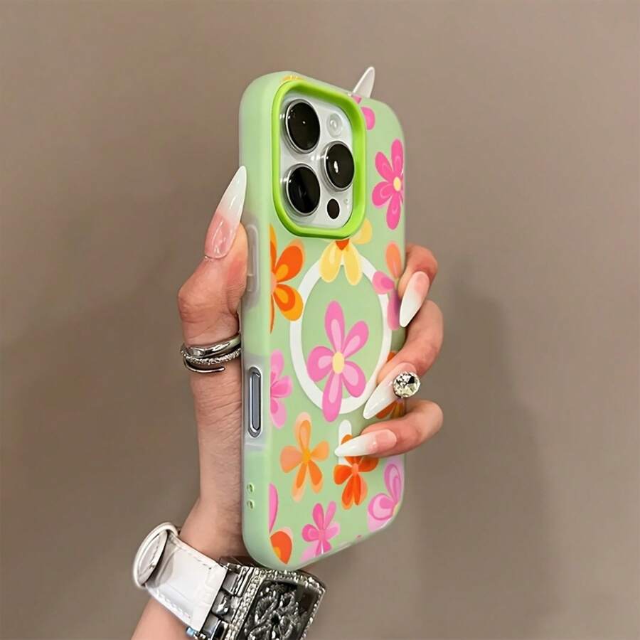Phone Case: Fashionable And Creative Colorful Floral Pattern Macaron-Colored Skin-Feel Jelly Magnetic Wireless Charging Phone Case, Stylish, Lightweight, High-Quality, Non-Slip, And Fashionable Protection. Simple Design, Scratch-Resistant Shell. - Green - View 1