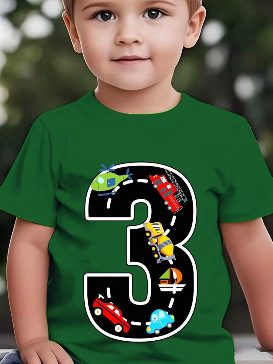 Fashionable Short-Sleeved T-Shirt For Children In Summer With Cartoon Prints Of The Number 3, Cars, Helicopters, Boats, Etc. Casual Outdoor Top NY-DX9726 - 墨綠色 - 查看 1