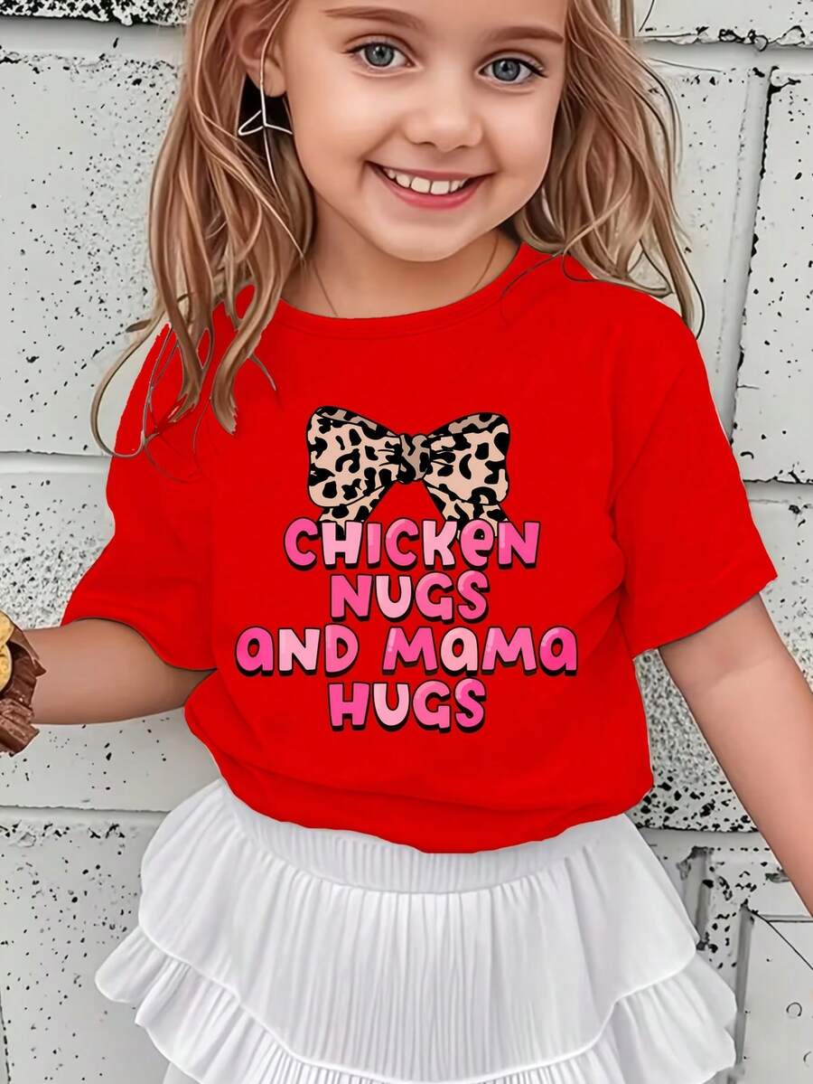 Girl's T-Shirt With The Inscription "Chicken Nugs And Mama Hugs" And A Leopard Print Bow, Modern, Casual And Versatile. - 紅色 - 查看 1