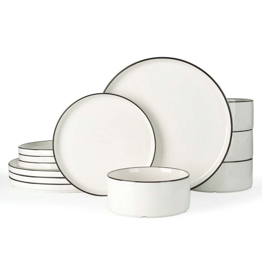 Richmount Dinner Set For 4/6, 12/18 Pieces Modern Porcelain Plates And Bowls Set, Dinnerware Sets Chip Resistant, Microwave & Dishwasher, Ceramic Dish Set Service For 4/6 - White and Black - View 1