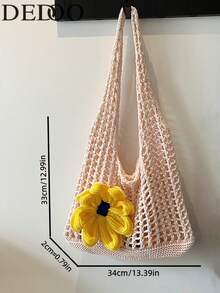Dedoo 女款夏季鉤編鏤空網格托特包，3D向日葵貼花針織單肩包，輕量編織沙灘手提包，適合日常出行與度假 - 白色 - 查看 9