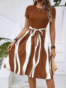 Elegant Summer Dress With Belt And Color Blocks For Everyday Wear, With Short Sleeves, For Cross-Border Women - 咖啡 - 查看 1