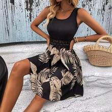 Vestido sin mangas con estampado tropical y ribete de encaje, ropa de mujer transfronteriza - Gris - Ver 4