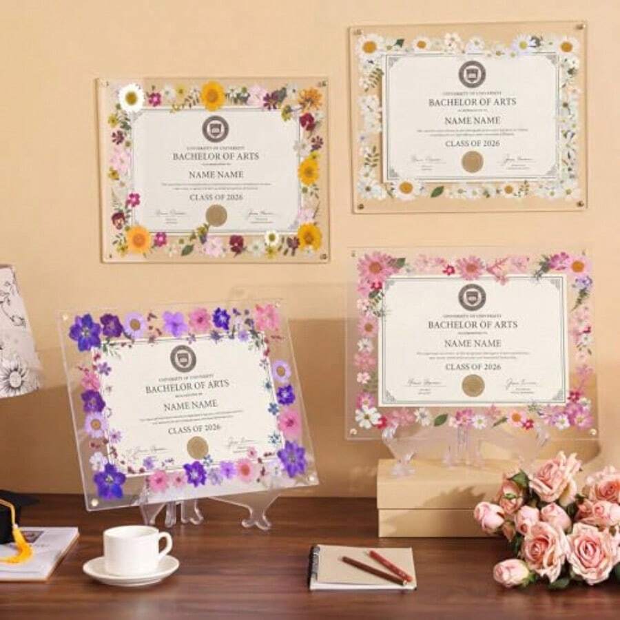 4 Style 2026 8.5x11 Floral Acrylic Graduation Certificate Frame Pressed Flower Wall Mount Floating Picture Frame 11x14 A4 Photo For Diploma Degree Document Memory Picture Gift - Multi Flower - View 1
